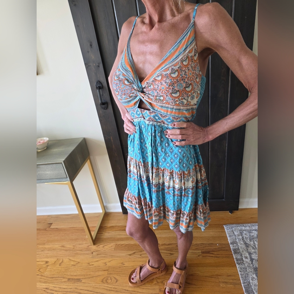 Angie Twist Front Blue and Orange Boho Mini Dress